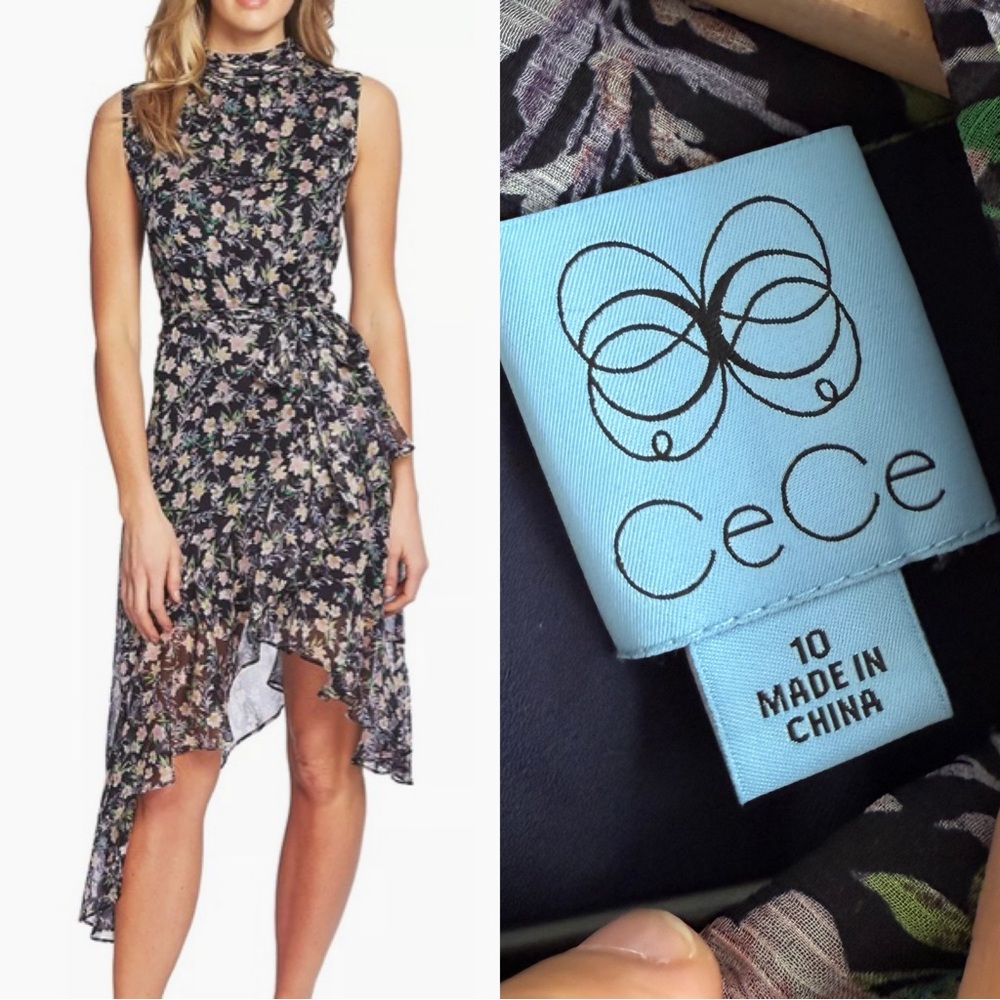 CeCe High Low Floral Dress in Black and Purple-Size 10